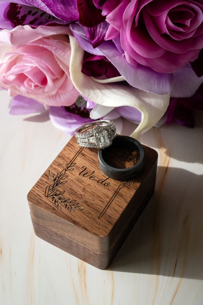 Wedding rings on wooden box for Aruba wedding
