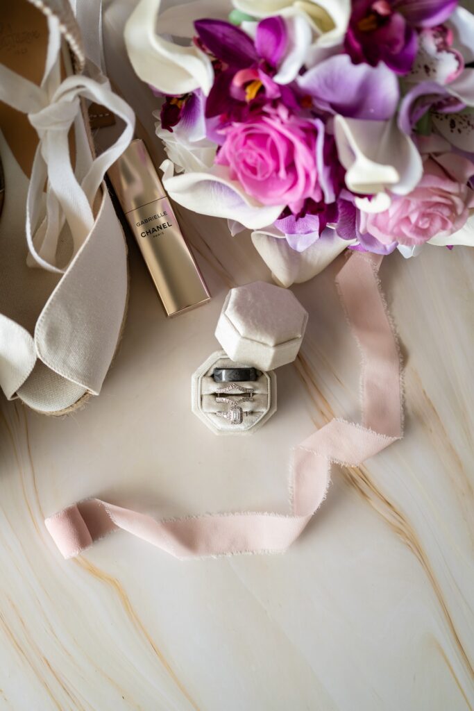 Wedding rings near bride bouquet for wedding at Hyatt Regency Aruba