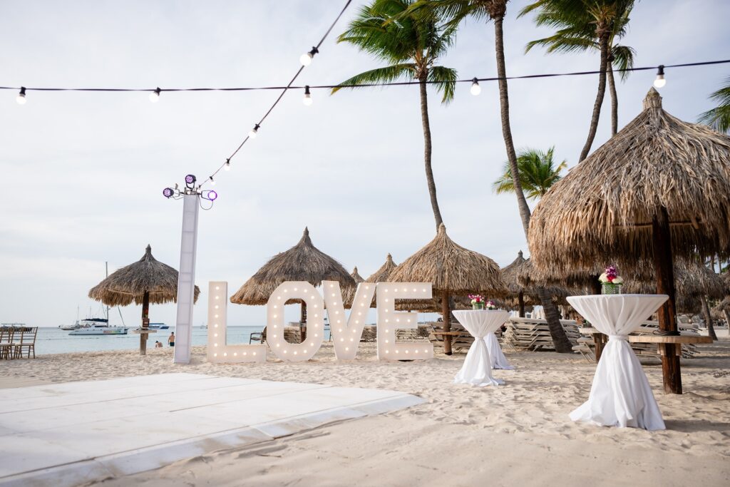 Wedding ceremony setup in Aruba with Love sign