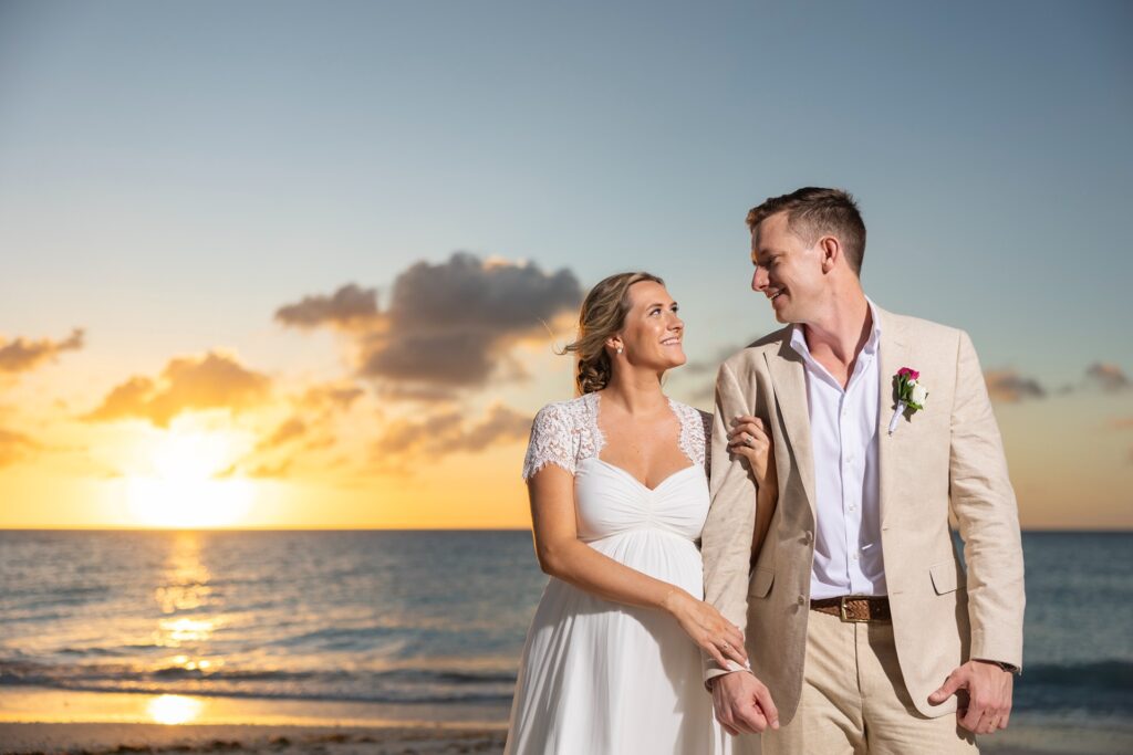 Bride and groom at sunset during Aruba wedding