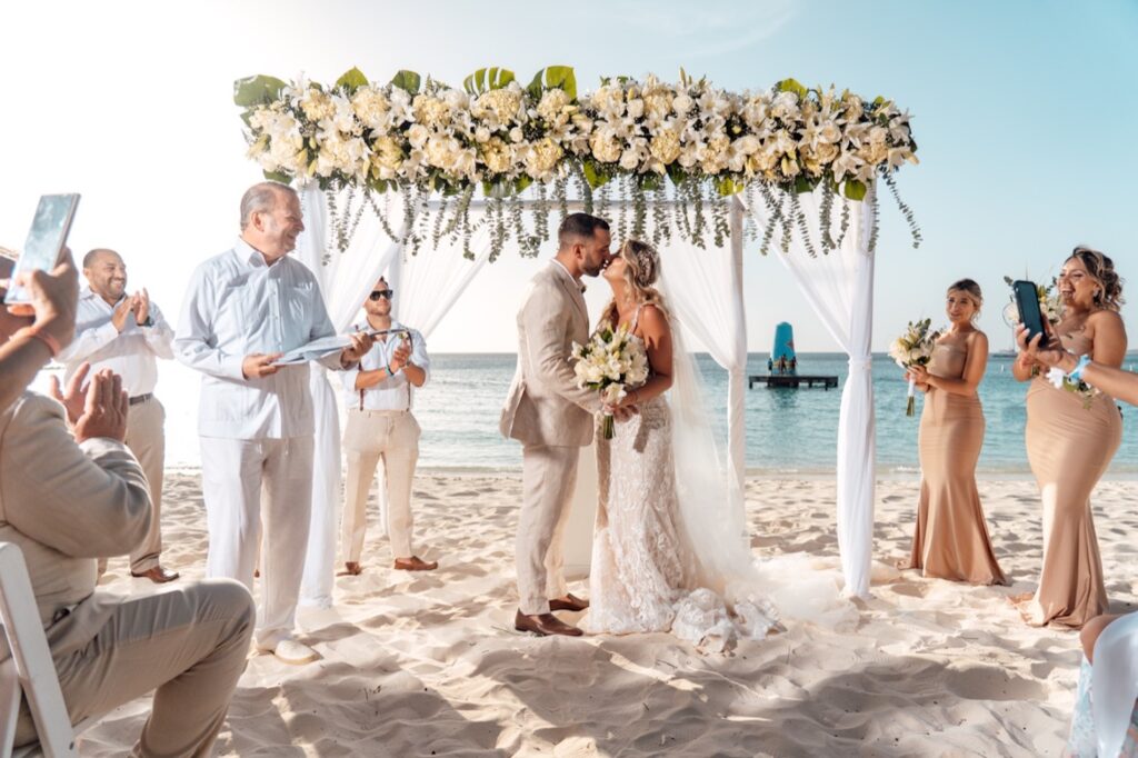 Bride and groom first kiss after Aruba ceremony