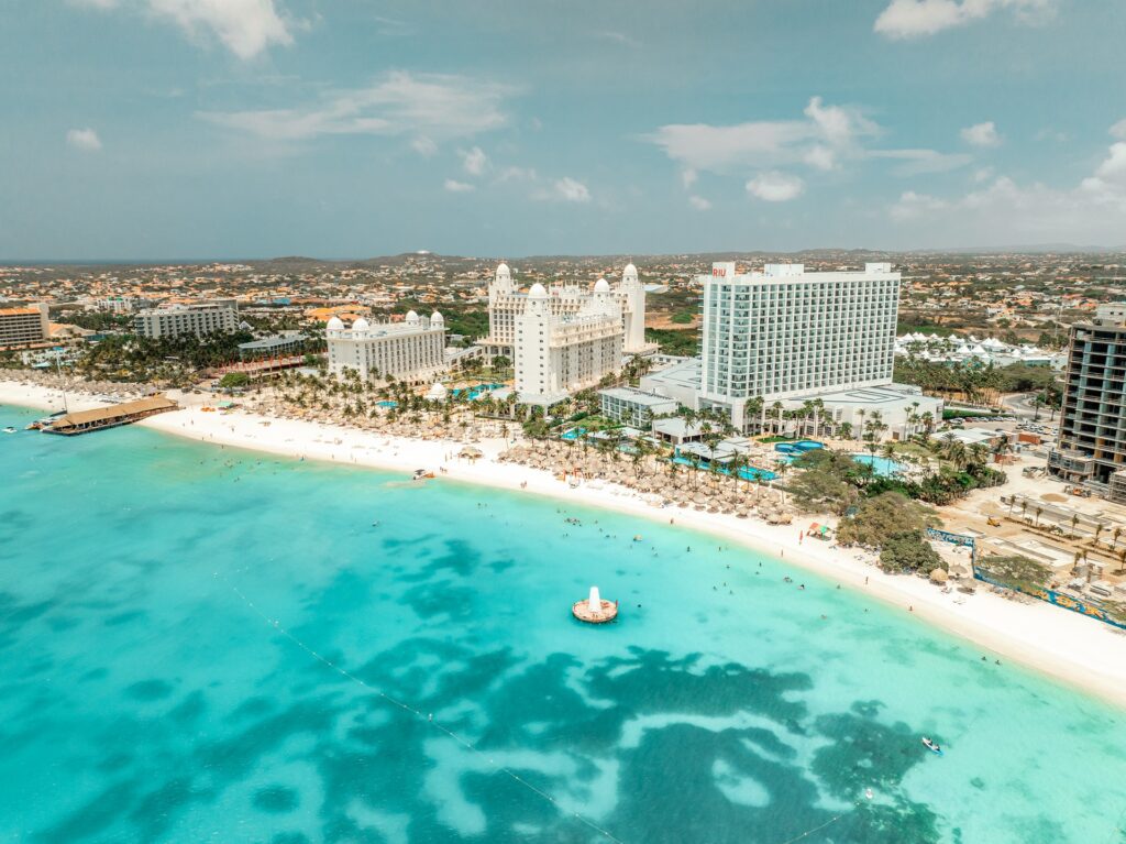 Aerial view of Aruba resorts along beach